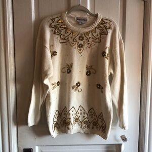 Vintage Barbara Scott Beaded Gold Crew Neck Holiday Sweater Medium